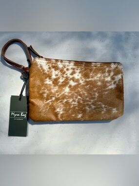 Myra Bag Cowhide Clutch Wristlet in Brown and White